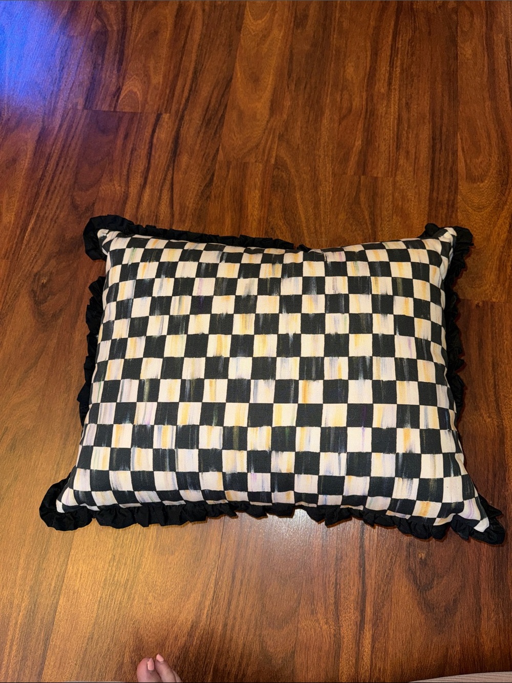 MacKenzie-Childs Black and White Checkered Decorative Pillow with Gold Accents